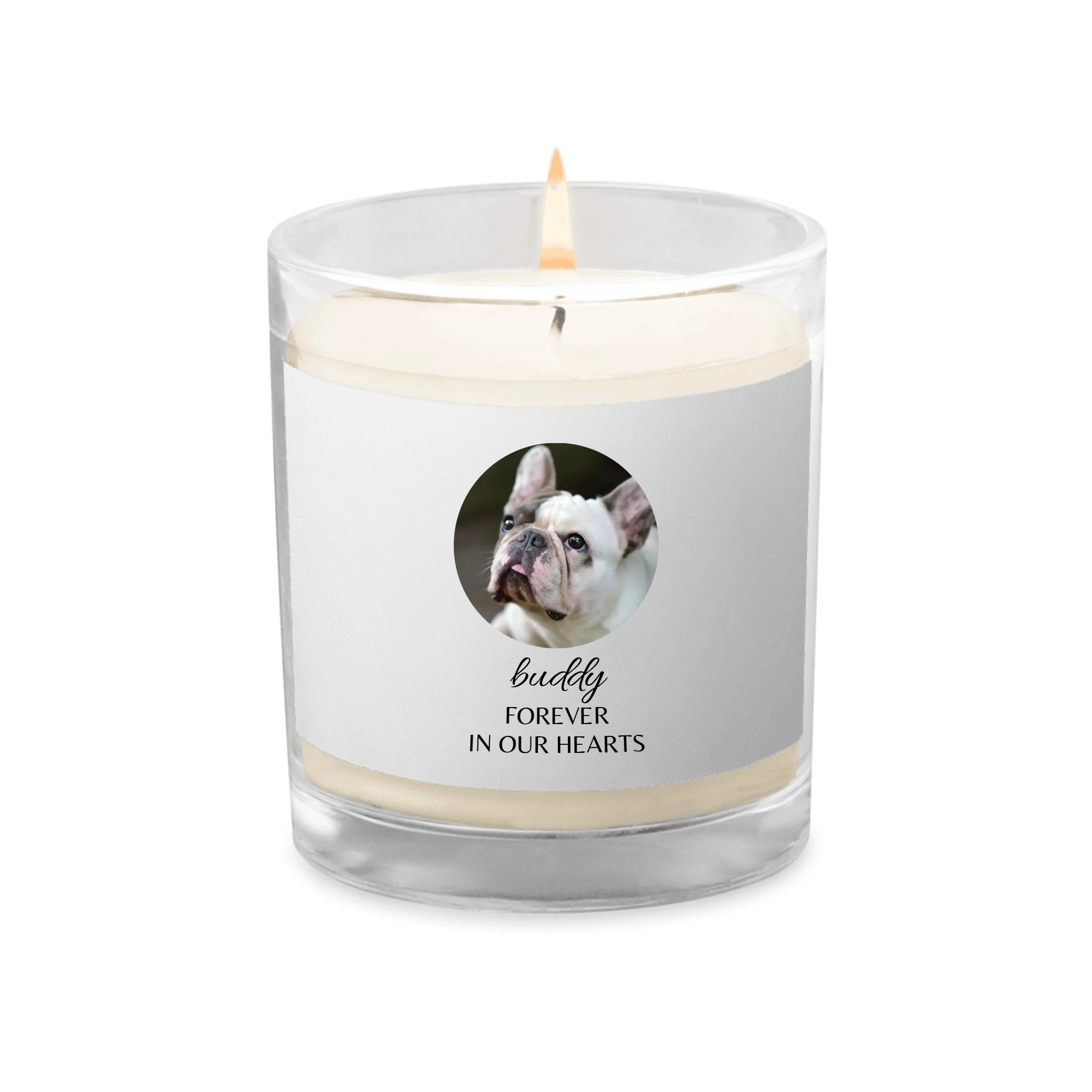 Custom Dog Memorial Candle - Photo & Name 'Forever In Our Hearts'