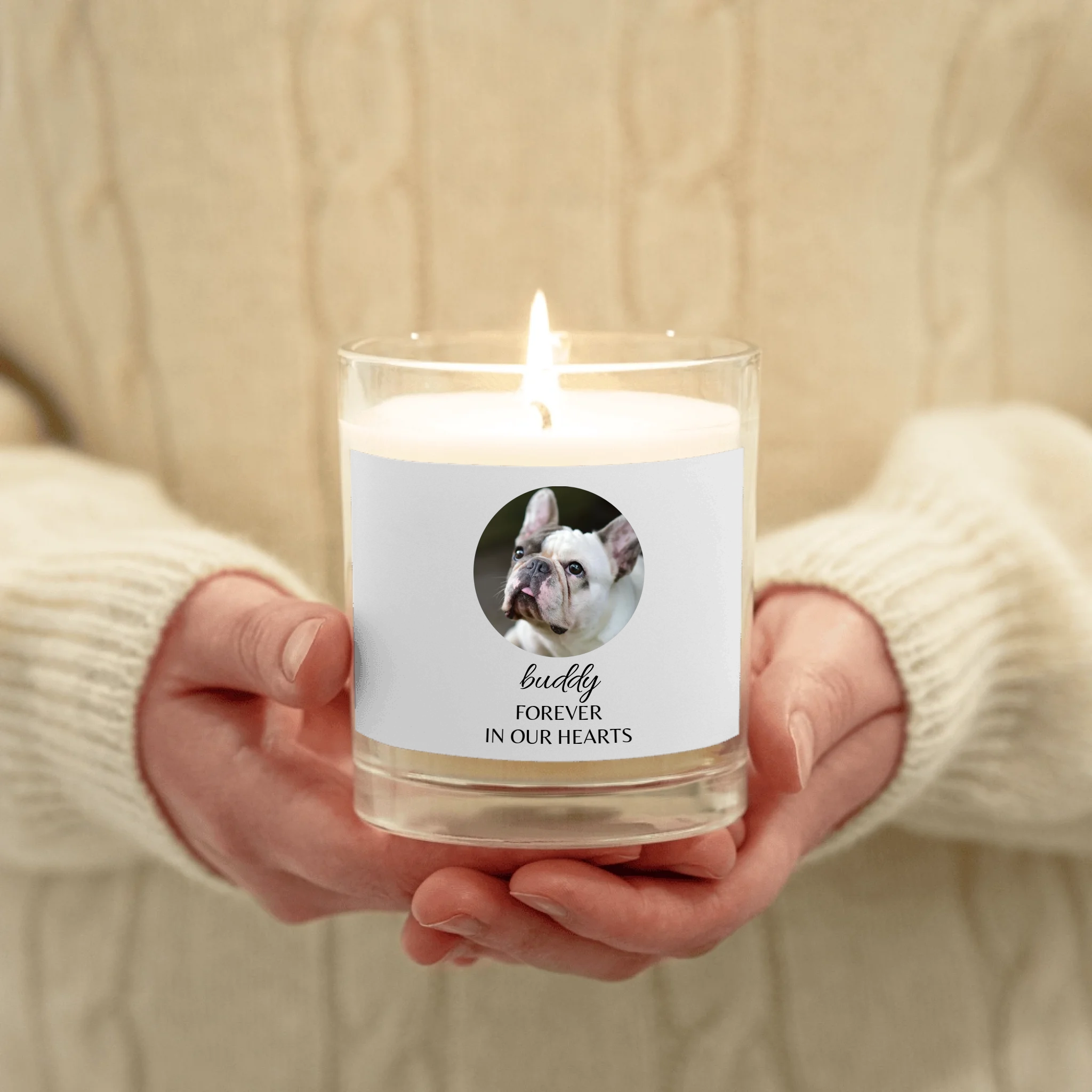 Custom Dog Memorial Candle - Photo & Name 'Forever In Our Hearts'