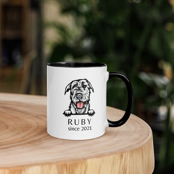 Custom dog breed mug with black interior and handle, right side view showing personalized dog design with name and year