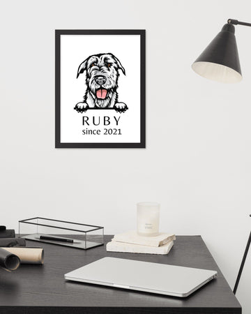 Custom dog breed portrait 12x16 framed wall art on wall showing most popular size ideal for living rooms