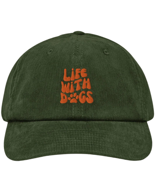 Dark olive LIFE WITH DOGS corduroy hat on white background front view showing vibrant orange embroidery and paw print detail