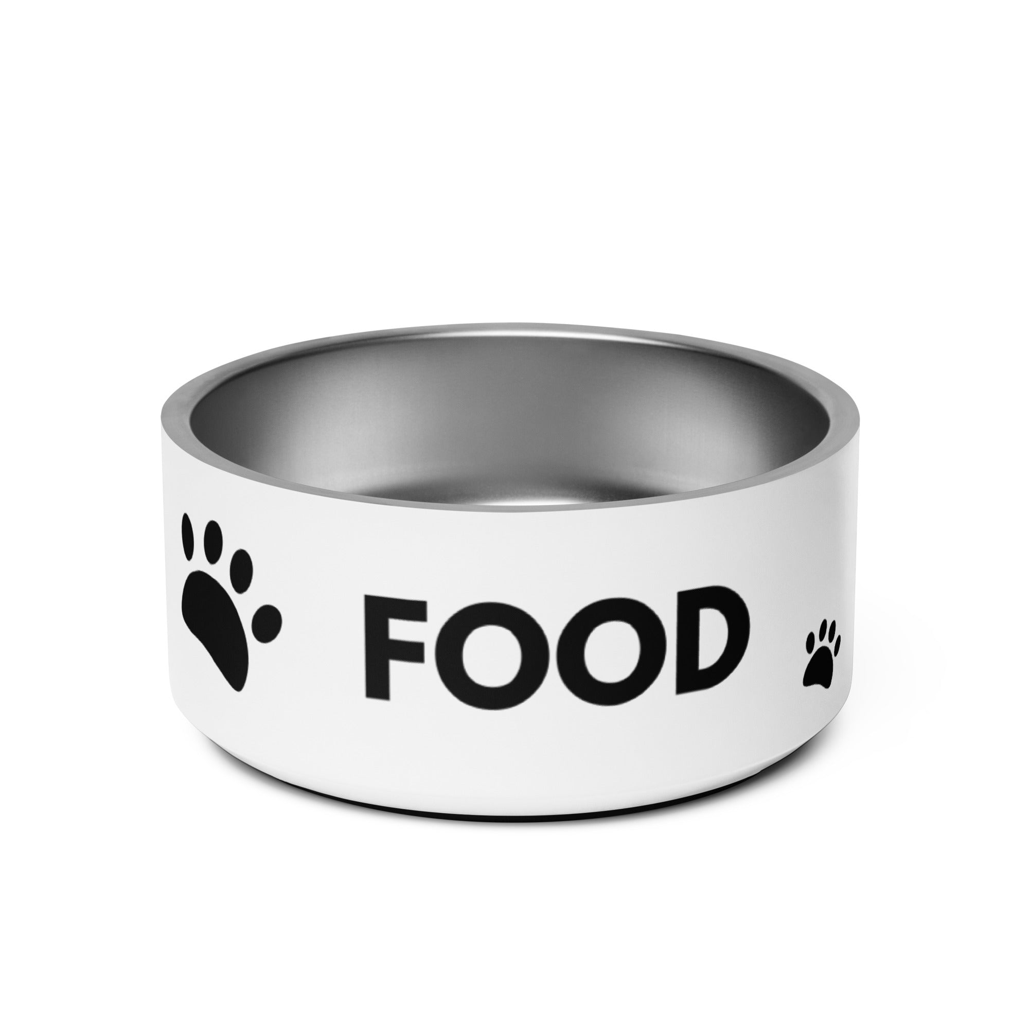 Front view of large 32oz premium dog bowl with white exterior and black FOOD and paws design
