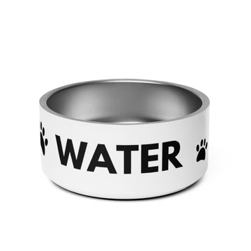 Front view of large 32oz premium dog bowl with white exterior and black WATER and paws design