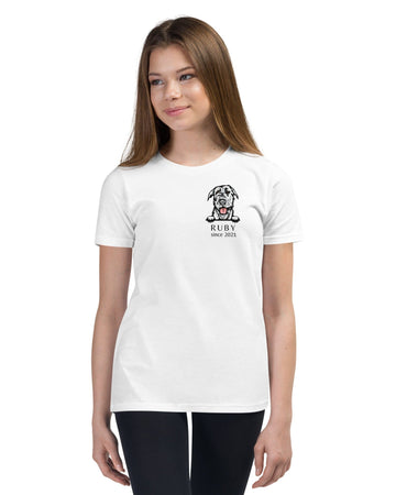 Girl wearing white custom dog breed youth shirt with personalized name and year design