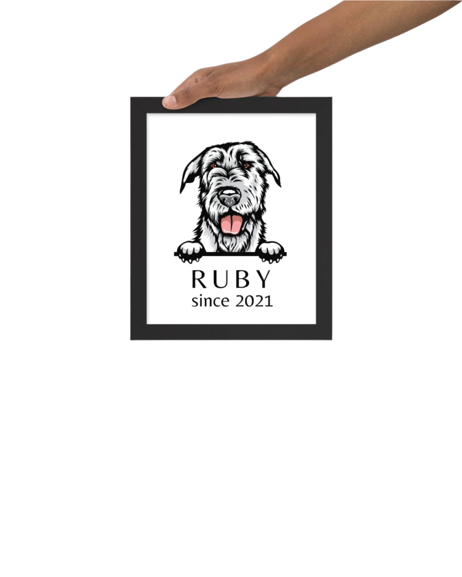 Hand holding 8x10 custom dog breed portrait showing framed size perfect for desks and smaller spaces