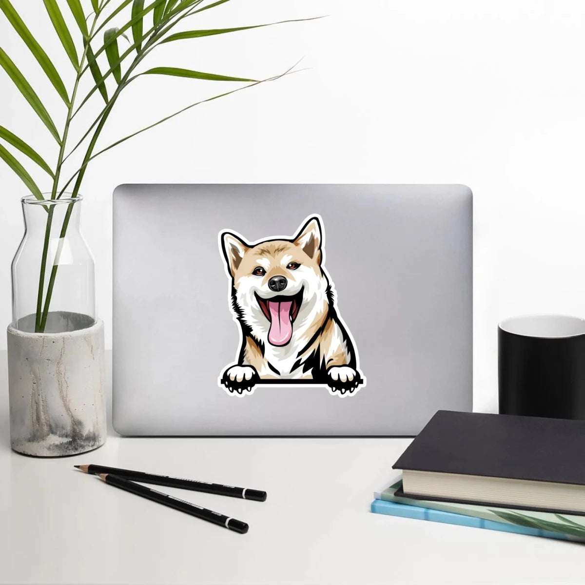 Happy Shiba Inu sticker with tongue out - playful waterproof car decal for dog parents
