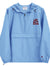Light blue Champion windbreaker on white background showing LIFE WITH DOGS puff embroidery and weather-resistant design