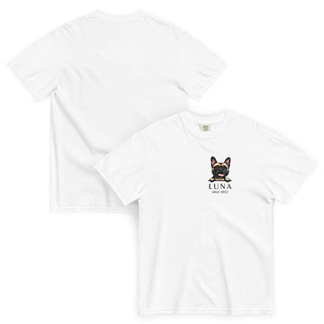 Personalized French Bulldog mom shirt in white on clean background.