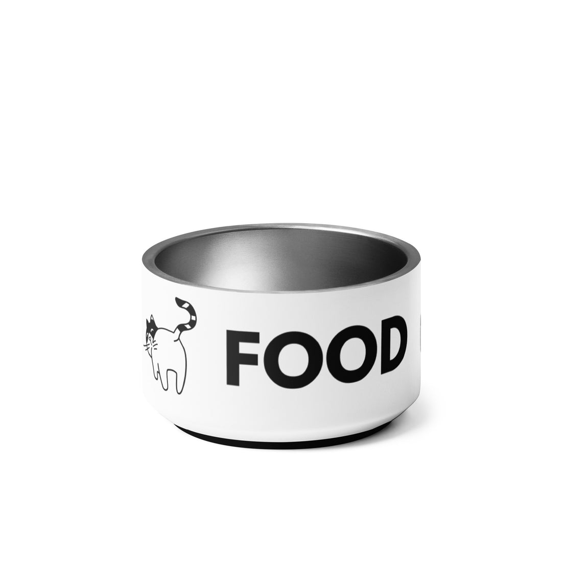 Premium cat food bowl on white background showing FOOD design with cat walking and stainless steel construction