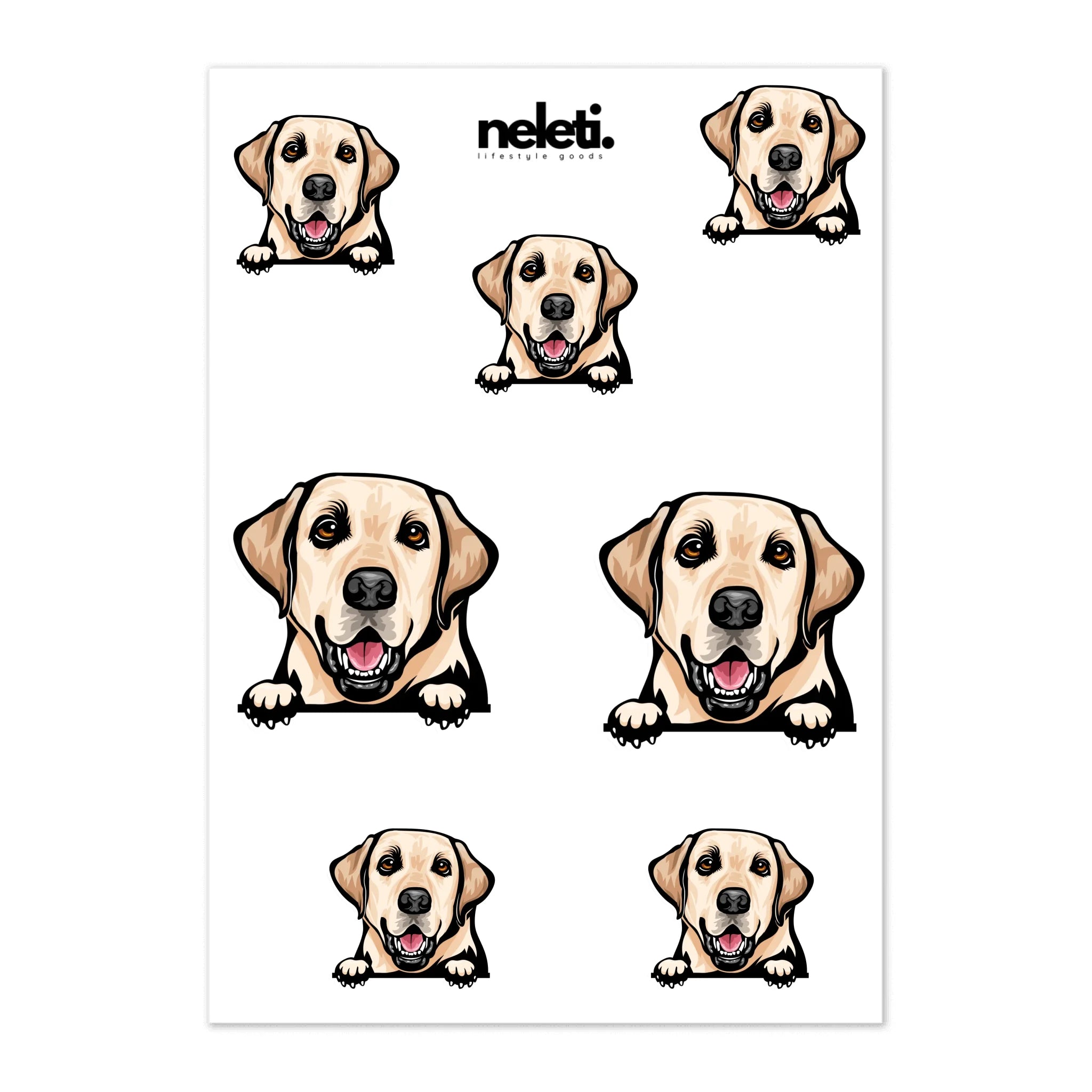 Sheet of Labrador stickers with 'neleti' brand on a white background