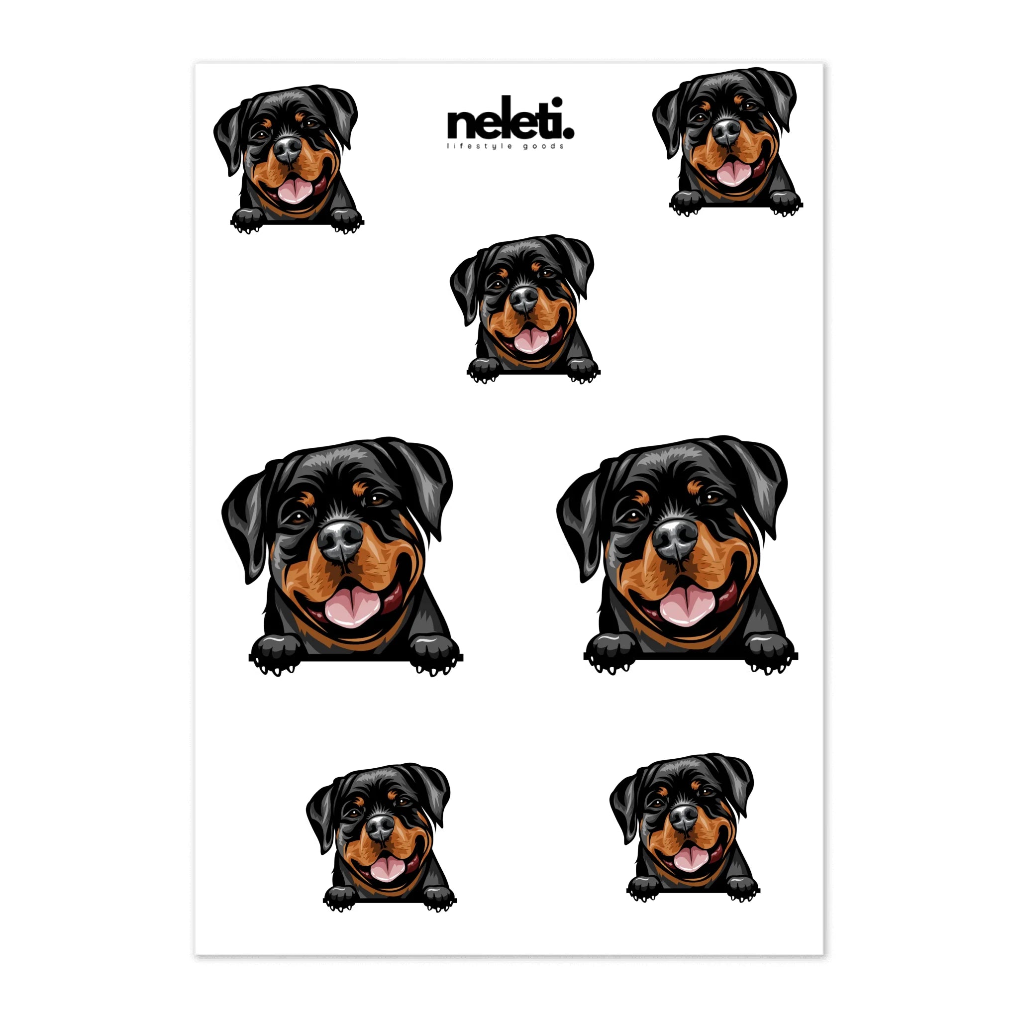 Sheet of Rottweiler stickers with 'neleti' brand on a white background