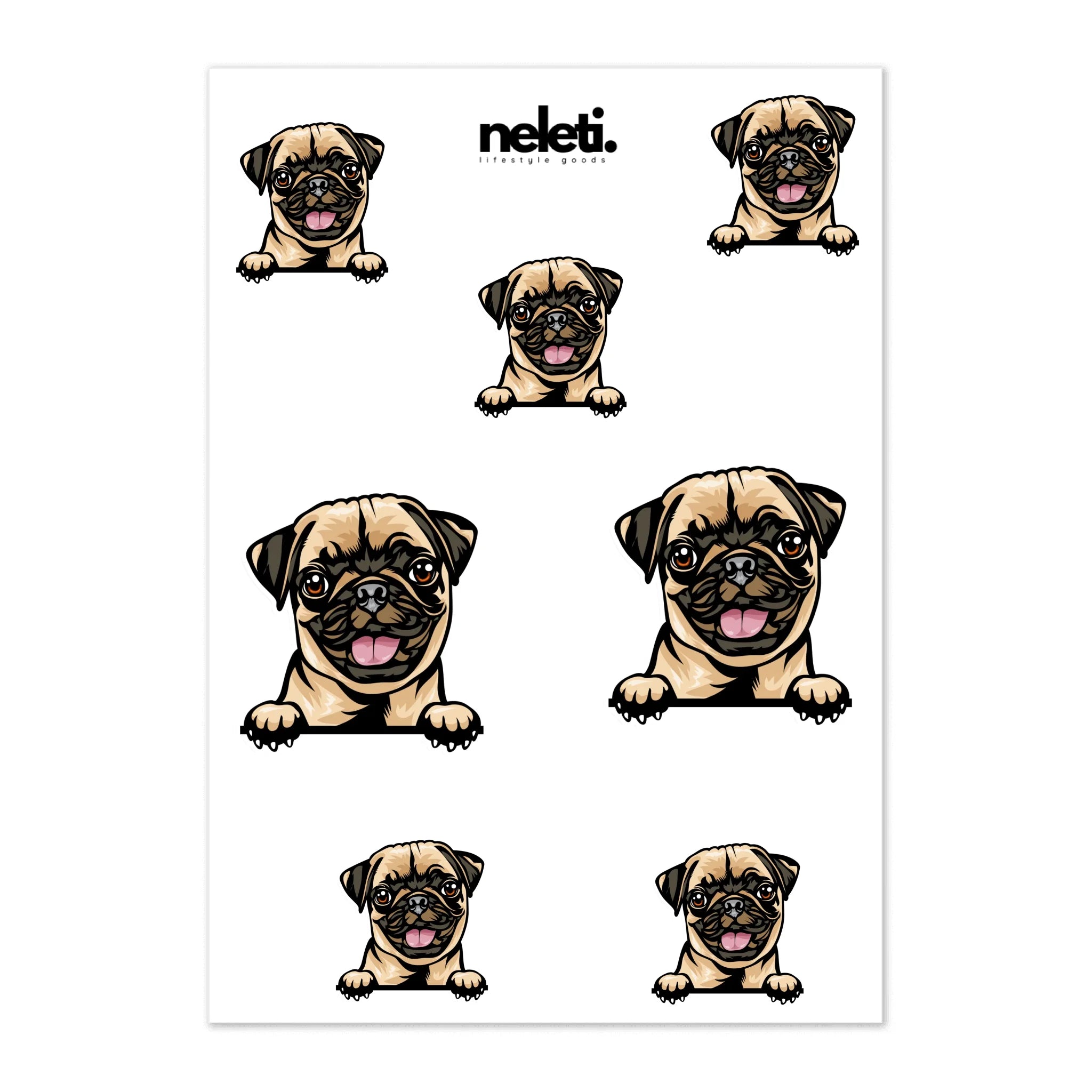 Sheet of pug stickers with 'neleti' branding on a white background