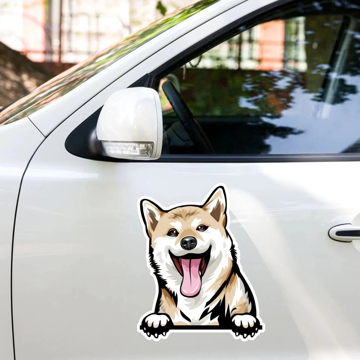 Shiba Inu sticker on car door - waterproof decal application example for dog dads
