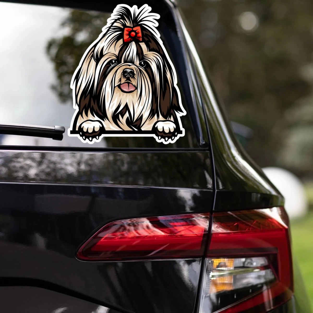 Shih Tzu sticker on car window - waterproof decal application example for dog dads