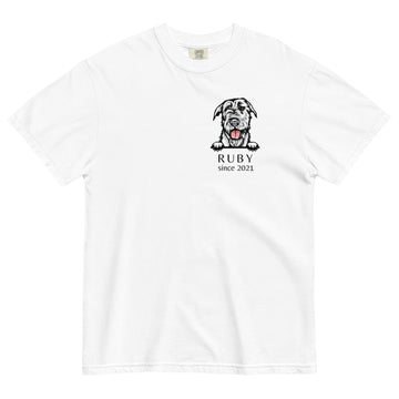 White custom dog breed t-shirt on white background showing personalized design with dog name and year