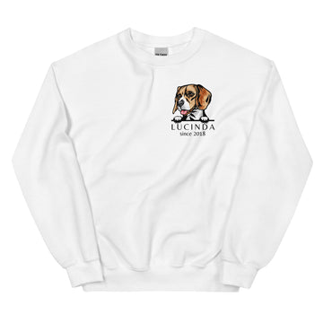 White custom dog parent sweatshirt on white background showing personalized dog breed design with name and since year