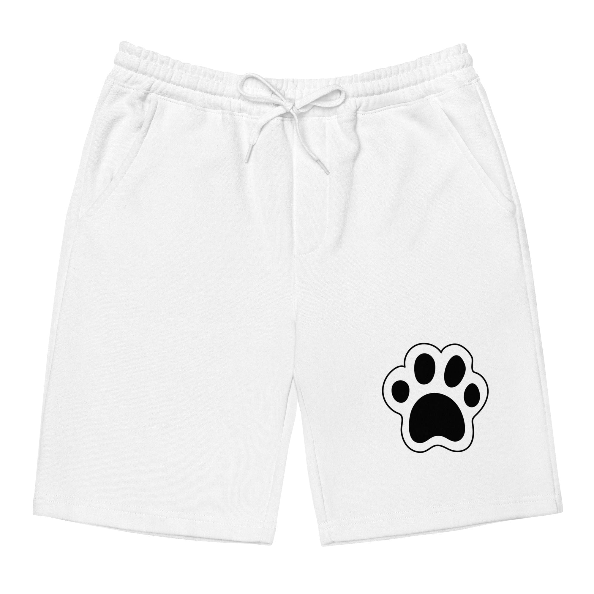 White fleece shorts with paw print design flat lay perfect for dog dads casual wear