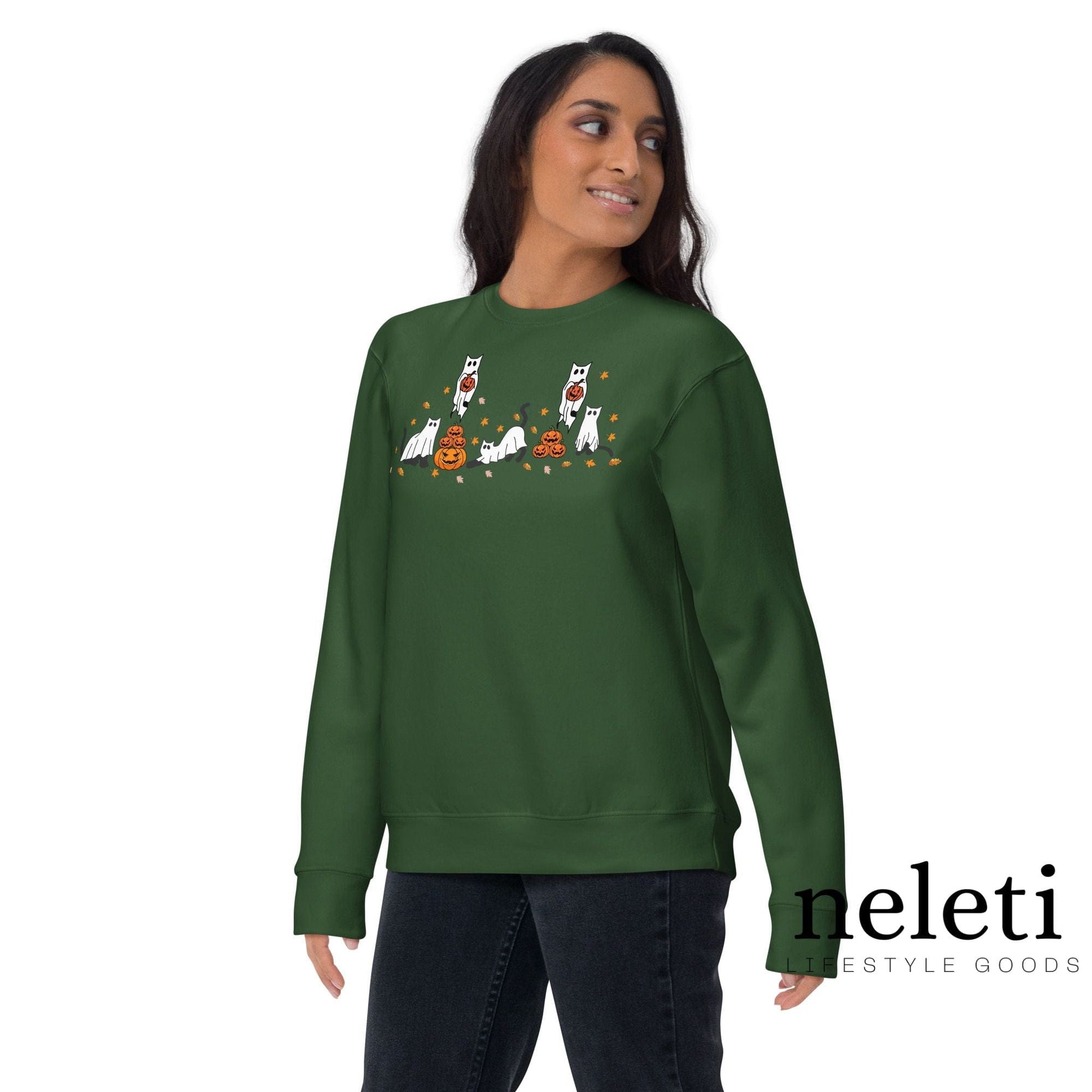 neleti.com-haloween-forest-green-sweatshirt-for-cat-lovers